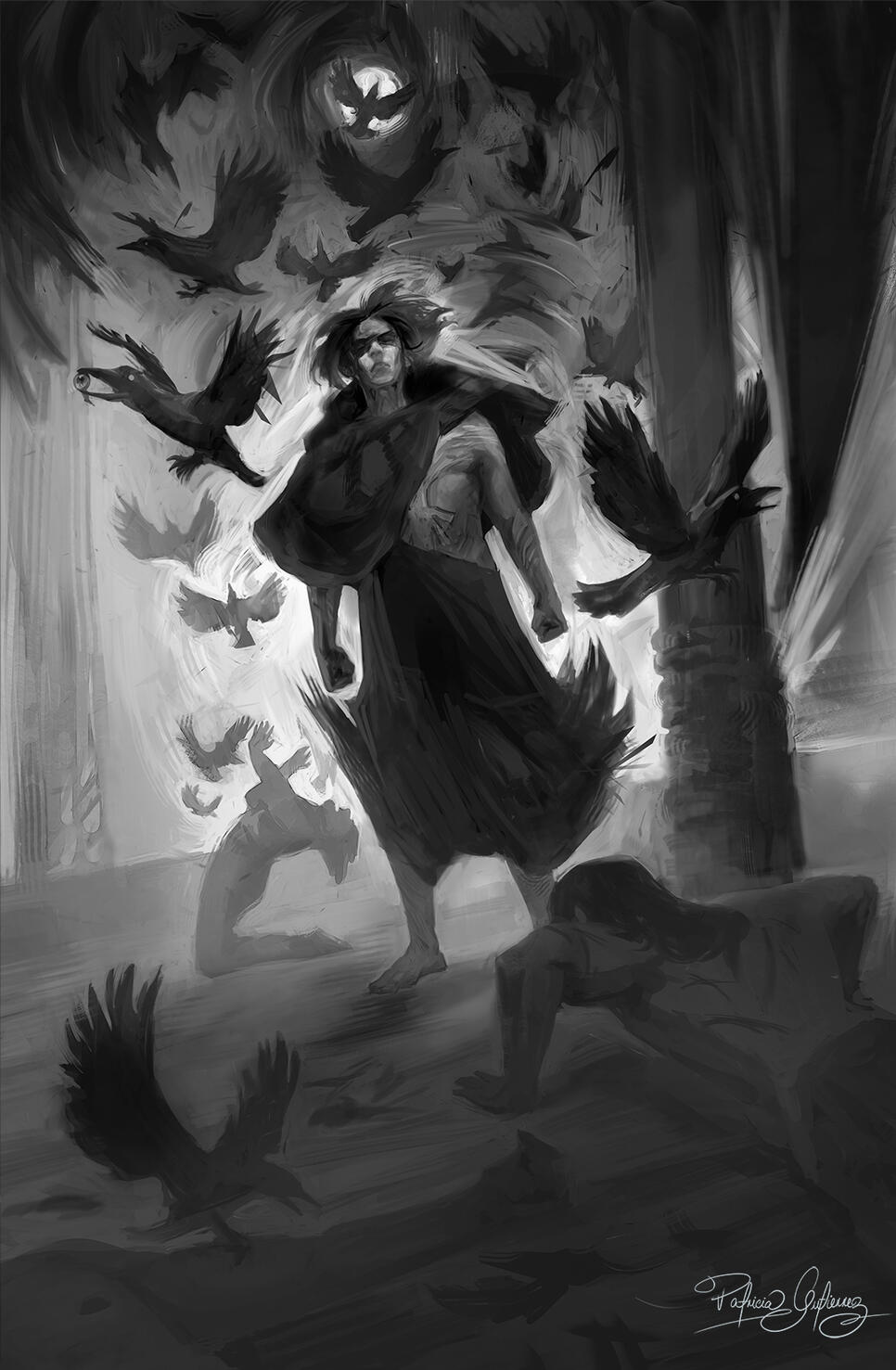 The calling of crows. Interior illustration for The Broken Binding's edition of Black Sun by Rebecca Roanhorse. AD: Petrik Leo