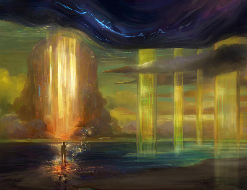 Endpaper illustration for The Broken Binding's esdition of All that we see or seem by Ken Liu. AD: Petrik Leo